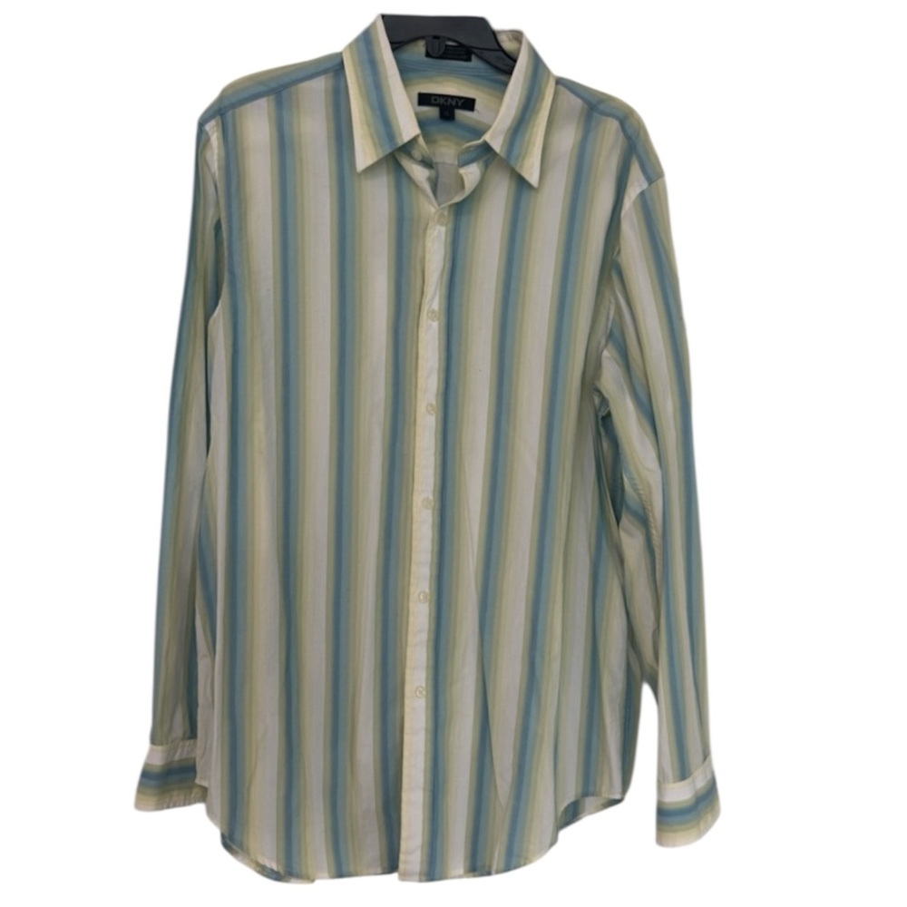 DKNY Blue, Green,White Men’s Striped Classic Cut Dress Shirt Size XL 100% Cotton